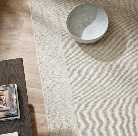 100% wool flatweave floor rug in warm sand tone, low-profile ribbed construction