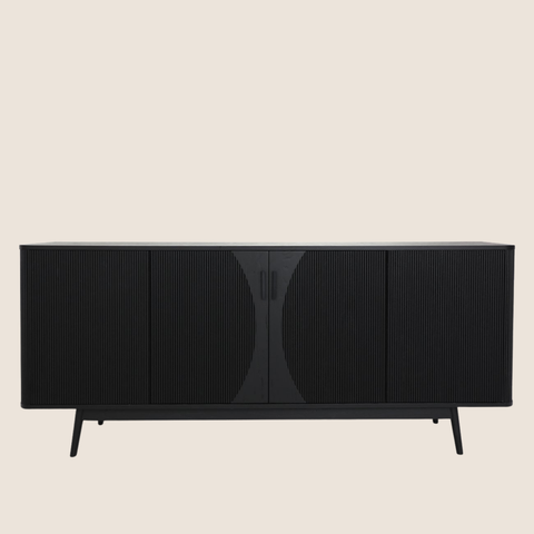 200cm black oak sideboard with fluted door panels and slim oak legs, front view