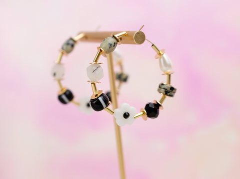 B & W Beaded Hoop Earrings