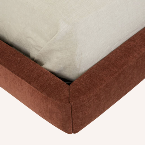 Mondo Bed in Rose boucle, close-up of upholstery texture