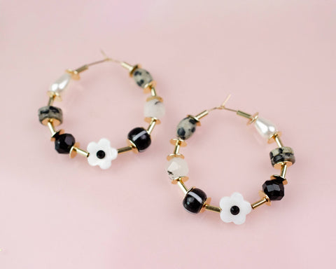 B & W Beaded Hoop Earrings