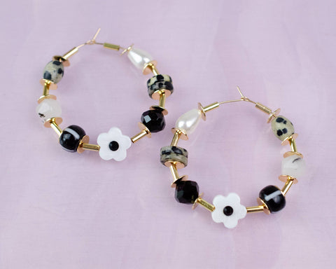 B & W Beaded Hoop Earrings