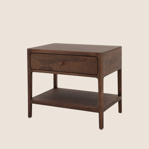 Arden bedside table side profile showing rounded edges and open shelf