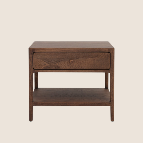 Arden solid oak bedside table in walnut brown, with drawer and open shelf, front view