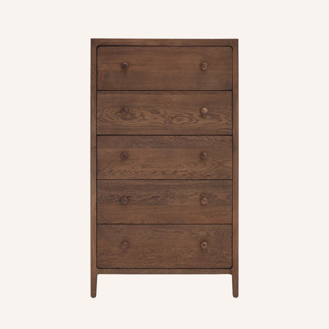 Arden solid oak high dresser in walnut brown with 5 drawers, front view