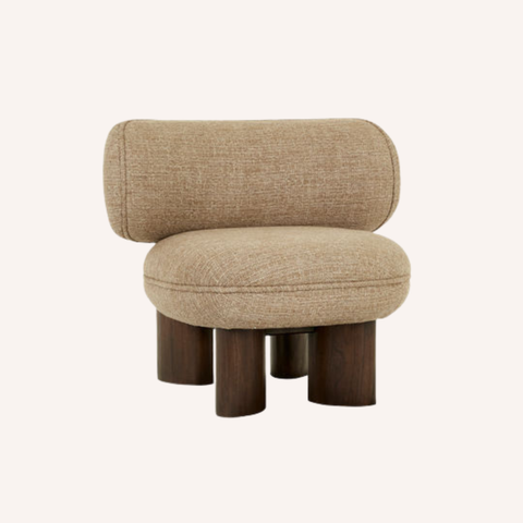 Arturo chocolate occasional chair with puffed rounded silhouette and dark chestnut mindi wood legs, front view
