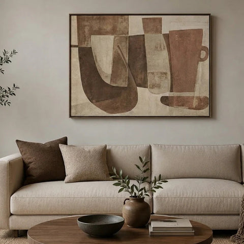 Atelier textured abstract framed canvas in warm earthy tones, 120x90cm, walnut oak frame