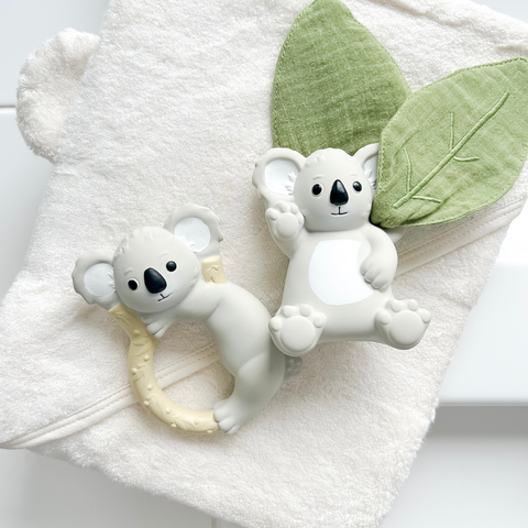 Banks the Koala teether with rattle and scrunch fabric, baby gift idea