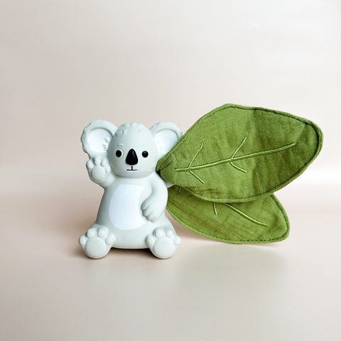 Banks the Koala teether with rattle and scrunch fabric, baby gift idea