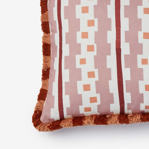 Close-up of Bauhaus Buff Linen Cushion corner showing fringe trim detail