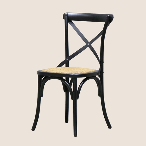 Bentwood dining chair in Black finish with rattan seat and curved crossback, front view