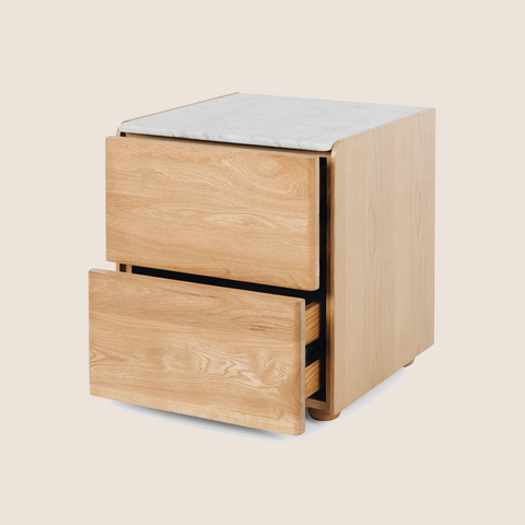 Betty bedside table Natural Oak with marble top, drawers open showing push-open mechanism