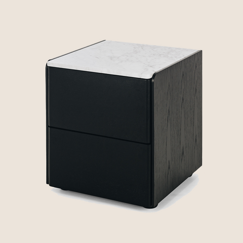 Betty bedside table in Black Oak with Carrara marble top, front view