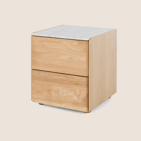 Betty bedside table in Natural Oak with marble top, front view