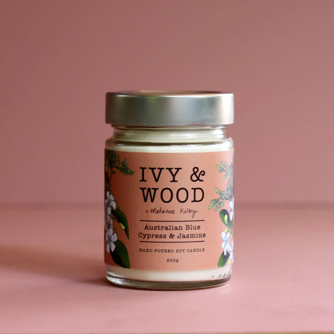 Blue Cypress & Jasmine Soy Candle out of packaging