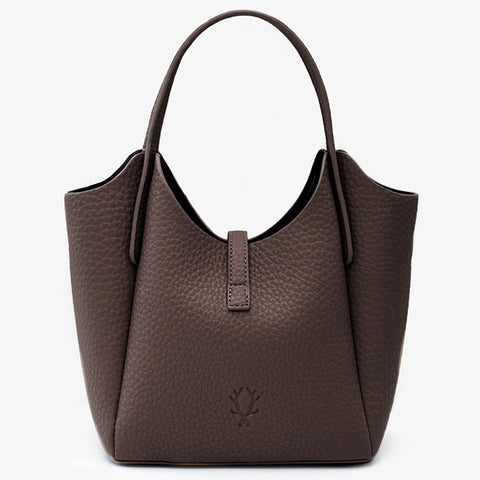 A dark brown pebbled leather hobo-style handbag with double top handles and a small embossed floral logo on the front, shown against a plain white background.