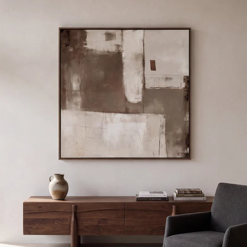 Briar hand embellished textured abstract framed canvas in warm earthy tones, 100x100cm, walnut veneer frame