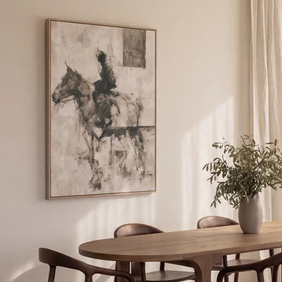 Brio textured figurative abstract framed canvas in charcoal and soft neutral tones, 90x120cm, natural veneer frame