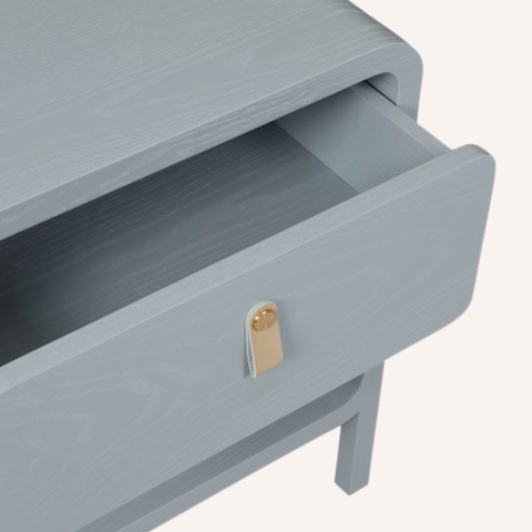 Charlie Bedside Table in Dusty Blue, open drawer close-up