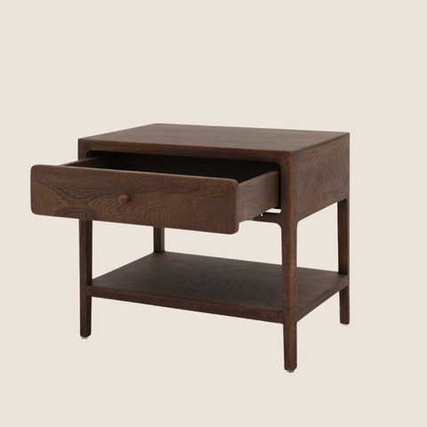 Close-up of Arden bedside table drawer and walnut brown oak grain detail