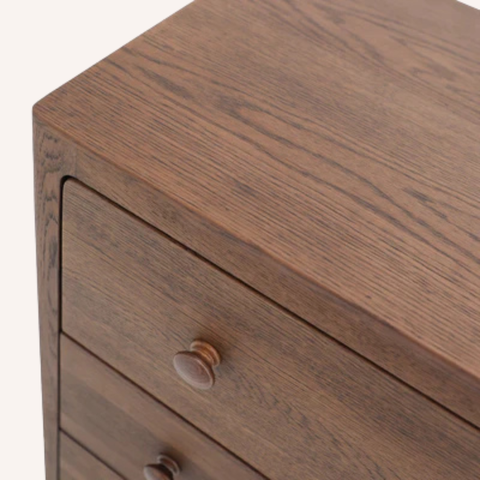 Close-up of Arden dresser drawer and walnut brown oak grain detail