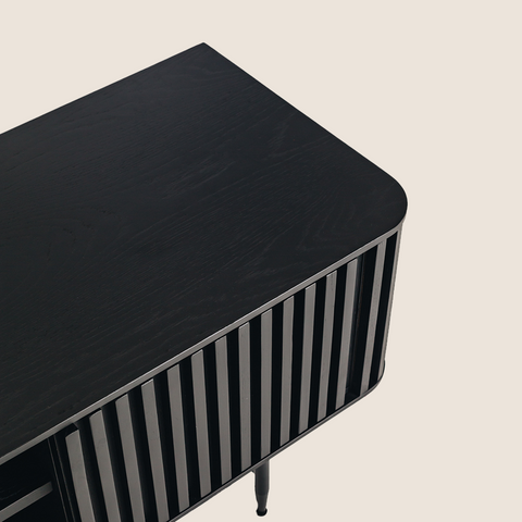 Close-up of Black vertical strip panel detail on the Pete Entertainment Unit