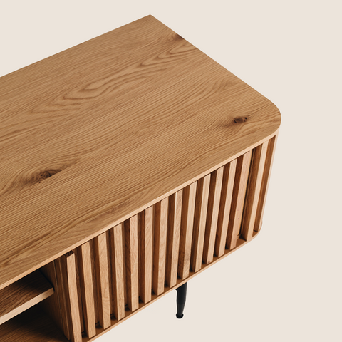 Close-up of Natural oak strip panel detail on the Pete Entertainment Unit
