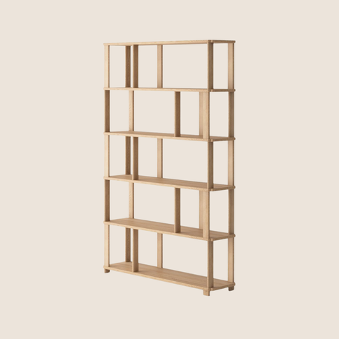Close-up of Sola bookshelf asymmetrical shelf rhythm and natural oak grain