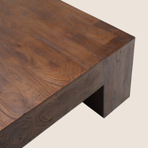 Close-up of dovetail join and natural elm grain detail on coffee table