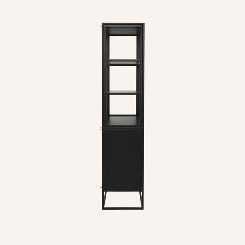 Close-up of framed glass door and latch closure on the Kingston metal cabinet