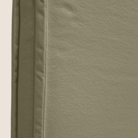 Close-up of khaki jute-blend upholstery texture on the Harry headboard