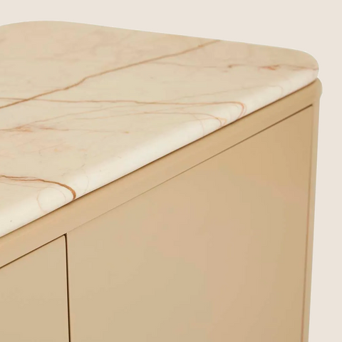 Close-up of marble veining and glossy finish on the Maven sideboard, camel colourway