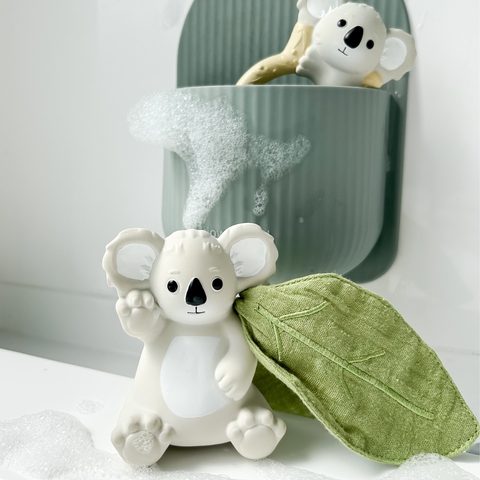 Close-up of organic muslin scrunch fabric on koala teether