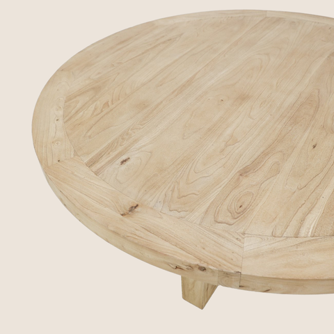 Close-up of reclaimed elm grain and cross-base detail on the Willow dining table