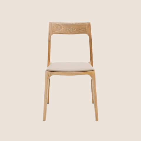 Cove beige leather and ash wood dining chair, front view