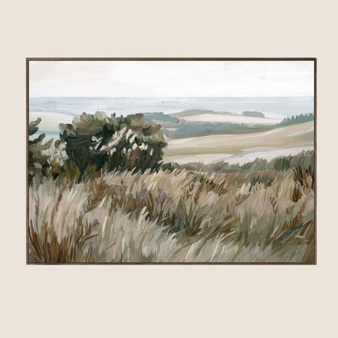 Croft hand embellished framed landscape canvas in earthy neutrals with walnut veneer frame, 140x100cm