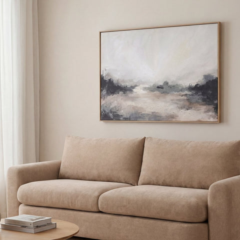 Dusk hand embellished abstract framed canvas in misty neutrals and charcoal, 120x80cm