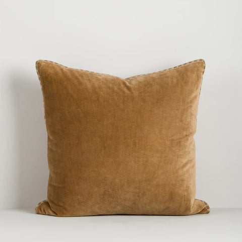 Edward Cushion in Butterscotch cotton velvet with striped linen gusset