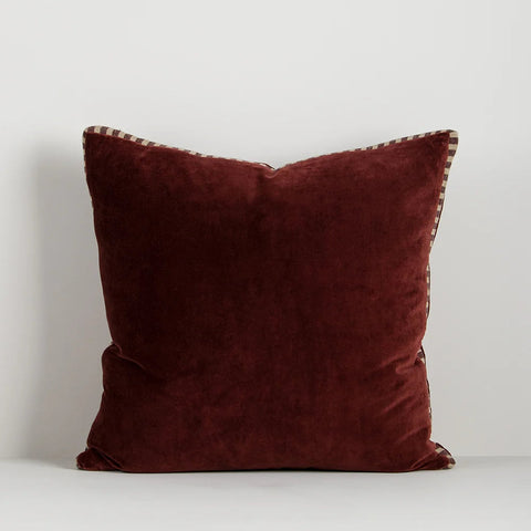 Edward Cushion in Oxblood cotton velvet with striped linen gusset
