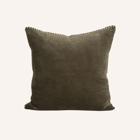 Edward Thyme Cushion in dusky green cotton velvet with striped linen gusset