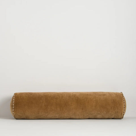 Elliot Bolster Cushion in Butterscotch cotton velvet with striped linen piped ends