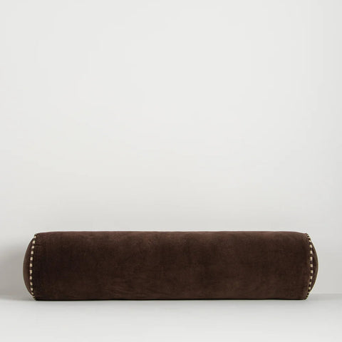 Elliot Bolster Cushion in Chocolate cotton velvet with striped linen piped ends