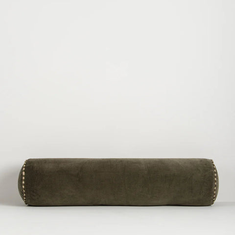 Elliot Bolster Cushion in Thyme cotton velvet with striped linen piped ends