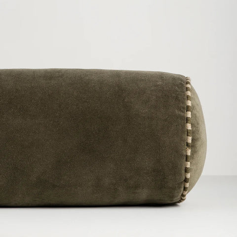 Close-up of Elliot Thyme Bolster Cushion showing cotton velvet texture and striped linen piping