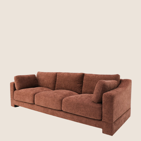 Ember rust polyester 3-seater sofa with curved arms, front view