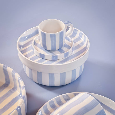Espresso Set Blue Stripes styled on blue background with matching tableware