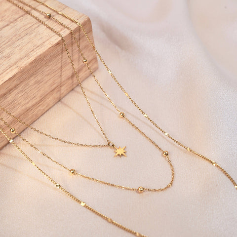 Fine Triple Row Star Necklace, star pendant detail