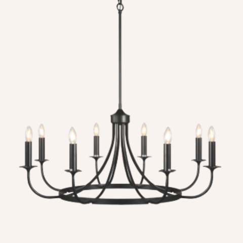 Forbes Chandelier in black iron, curved arm silhouette