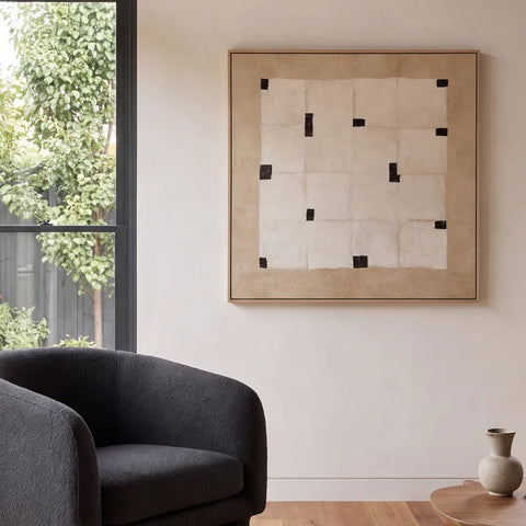 Forme textured minimalist abstract framed canvas in soft neutral tones, 80x80cm, natural veneer frame