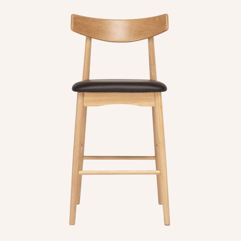 Freddie barstool detail showing oak frame and PU leather